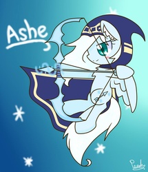 Size: 1000x1162 | Tagged: source needed, safe, artist:peach, oc, oc:ashe, archery, arrow, ashe, bow (weapon), bow and arrow, league of legends, ponified, weapon