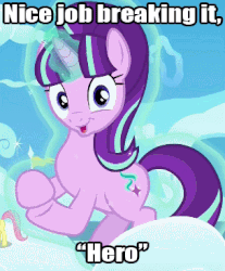 Size: 304x367 | Tagged: safe, edit, edited screencap, screencap, fluttershy, starlight glimmer, pony, unicorn, g4, the cutie re-mark, 8^y, animated, clapping, female, filly, glados, glowing horn, horn, image macro, levitation, looking at you, magic, mare, meme, portal (valve), self-levitation, starlight says bravo, telekinesis, tv tropes