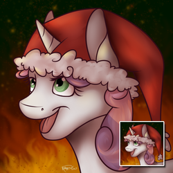 Size: 600x600 | Tagged: safe, artist:mattsykun, sweetie belle, g4, christmas, female, fire, hat, icon, santa hat, solo, sweetie hell