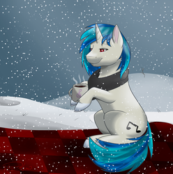 Size: 1024x1031 | Tagged: safe, artist:mattsykun, dj pon-3, vinyl scratch, g4, clothes, female, hot drink in cold weather, scarf, snow, snowfall, solo, winter