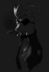 Size: 1293x1912 | Tagged: safe, artist:welcometodai, spitfire, anthro, g4, cigarette, eyepatch, female, grayscale, monochrome, simple background, smoking, solo, wonderbolts uniform