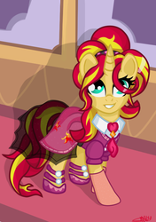 Size: 600x850 | Tagged: dead source, safe, artist:sunsetcrady, sunset shimmer, pony, unicorn, g4, alternate clothes, alternate hairstyle, female, solo