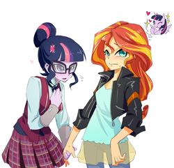 Size: 928x895 | Tagged: safe, artist:murai shinobu, sci-twi, sunset shimmer, twilight sparkle, equestria girls, g4, my little pony equestria girls: friendship games, blushing, female, heart, holding hands, lesbian, ship:sci-twishimmer, ship:sunsetsparkle, shipping, simple background, thought bubble, twilight sparkle (alicorn), white background, wink