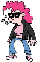 Size: 510x780 | Tagged: safe, artist:pones-by-corwin, pinkie pie, g4, belly button, cigarette, clothes, female, simple background, smoking, solo, sunglasses