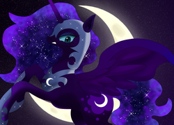 Size: 1200x865 | Tagged: safe, artist:shiragariria, nightmare moon, g4, female, moon, pixiv, rearing, solo