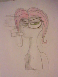 Size: 480x640 | Tagged: safe, artist:rabbit-eye, fluttershy, human, g4, cigar, female, humanized, looking at you, simple background, smoking, solo, traditional art