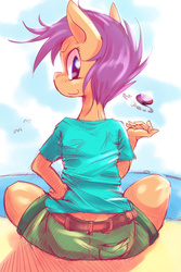 Size: 800x1200 | Tagged: safe, artist:suzumaru, scootaloo, anthro, g4, beach, clothes, female, outdoors, sitting, smiling, solo, water, wingless, wingless anthro