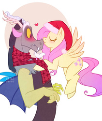 Size: 760x900 | Tagged: dead source, safe, artist:metalmane, discord, fluttershy, g4, blushing, clothes, female, happy holidays, hat, kissing, male, scarf, ship:discoshy, shipping, straight