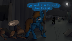 Size: 3000x1687 | Tagged: safe, artist:marsminer, oc, oc only, oc:sunnyside, dog, earth pony, pegasus, pony, dialogue, dogmeat, fallout, female, fire, growling, mare, moon, night, pipbuck, raiders, sneaking