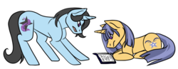 Size: 667x260 | Tagged: safe, artist:blue-razaberry, oc, oc only, oc:light fall, oc:vancover, book, magical lesbian spawn, offspring, parent:flash sentry, parent:octavia melody, parent:trixie, parent:twilight sparkle, parents:flashlight