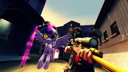 Size: 3840x2160 | Tagged: safe, artist:sourcesandflashes, twilight sparkle, alicorn, human, pony, g4, crossover, female, glowing horn, gun, high res, hooves, horn, levitation, magic, male, mare, optical sight, parody, rifle, sniper, sniper (tf2), sniper rifle, spread wings, sunglasses, team fortress 2, telekinesis, twilight sparkle (alicorn), weapon, wings