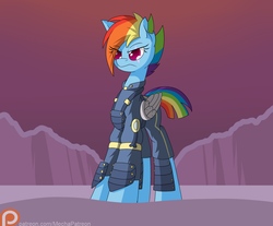 Size: 1480x1224 | Tagged: safe, artist:mechanized515, rainbow dash, g4, the cutie re-mark, alternate timeline, amputee, apocalypse dash, augmented, crystal war timeline, female, outfit, patreon, patreon logo, prosthetic limb, prosthetic wing, prosthetics, scar, solo, torn ear, war