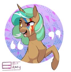 Size: 915x919 | Tagged: safe, artist:8bitamy, oc, oc only, oc:spearemint, pony, unicorn, aladdin sane, david bowie, heterochromia, looking back, open mouth, raised eyebrow, raised hoof, simple background, smirk, solo, transparent background, ziggy stardust