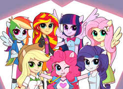 Size: 1024x740 | Tagged: dead source, safe, artist:9seconds, applejack, fluttershy, pinkie pie, rainbow dash, rarity, sunset shimmer, twilight sparkle, human, equestria girls, g4, applejack's hat, clothes, cowboy hat, crossed arms, hat, humane five, humane seven, humane six, long hair, looking at you, party horn, ponied up, smiling, spread wings, twilight sparkle (alicorn), wings, wink