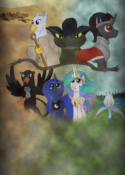 Size: 900x1262 | Tagged: safe, artist:sirvalter, king sombra, princess celestia, princess luna, oc, oc:grifn the grand, oc:isset, oc:lamia (soulscar), alicorn, griffon, pony, snake, unicorn, fanfic:steyblridge chronicle, fanfic:the sinuous way, g4, female, horn, male, mare, prequel, stallion, wings