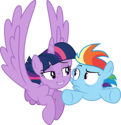 Size: 6101x6332 | Tagged: safe, artist:bluethunder66, rainbow dash, twilight sparkle, alicorn, pony, g4, the cutie re-mark, .svg available, absurd resolution, bedroom eyes, eye contact, female, filly, filly rainbow dash, flying, frown, grin, lip bite, mare, out of context, raised eyebrow, simple background, smiling, stranger danger, transparent background, twilest dashle, twilight is a foal fiddler, twilight sparkle (alicorn), vector, wide eyes, younger
