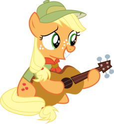 Size: 3115x3400 | Tagged: safe, artist:anonimowybrony, applejack, g4, the mane attraction, acoustic guitar, camp friendship, clothes, cute, female, filly, filly applejack, freckles, guitar, hat, high res, jackabetes, musical instrument, scout, simple background, sitting, solo, transparent background, vector, younger