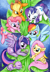 Size: 1024x1456 | Tagged: safe, artist:sugarcubecake, applejack, fluttershy, pinkie pie, rainbow dash, rarity, spike, twilight sparkle, alicorn, pony, g4, beanstalk, cute, drool, female, mane seven, mane six, mare, sleeping, storybook, traditional art, twilight sparkle (alicorn)