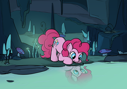Size: 1253x881 | Tagged: safe, artist:sirvalter, pinkie pie, pony, g4, too many pinkie pies, cave, cave pool, female, mirror pool, scene interpretation, solo