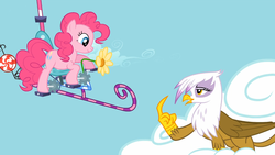 Size: 1366x768 | Tagged: safe, screencap, gilda, pinkie pie, earth pony, griffon, pony, g4, griffon the brush off, flying contraption, helicopter