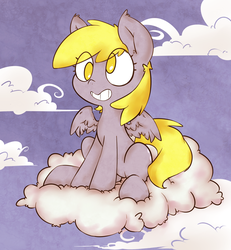 Size: 1200x1300 | Tagged: safe, artist:mrpotat0wned, derpy hooves, pegasus, pony, g4, cloud, cute, derpabetes, female, grin, mare, sitting, sky, smiling, solo, spread wings, squee, wings