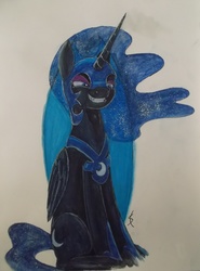 Size: 3066x4154 | Tagged: safe, artist:scribblepwn3, nightmare moon, alicorn, pony, g4, the cutie re-mark, alternate timeline, antagonist, female, grin, nightmare takeover timeline, now that's something i would like to see, pen drawing, queen, sinister, sitting, solo, throne, traditional art, watercolor painting