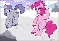 Size: 700x483 | Tagged: safe, artist:lulubell, maud pie, pinkie pie, g4, snow, snowball, snowball fight, snowpony