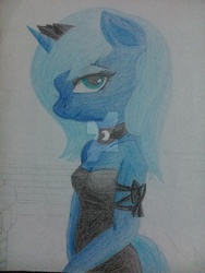 Size: 1024x1365 | Tagged: safe, artist:red-flareon, princess luna, anthro, g4, clothes, dress, female, filly, s1 luna, solo, traditional art, wip, woona