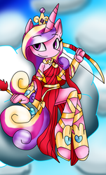 Size: 1024x1700 | Tagged: safe, artist:mongoosegoddess, princess cadance, anthro, g4, arrow, bow (weapon), bow and arrow, cloud, female, princess of love, sandals, sitting, solo