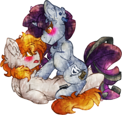 Size: 3011x2847 | Tagged: source needed, safe, artist:php166, oc, oc only, oc:pixel wave, oc:satin stitch, pegasus, pony, unicorn, blushing, cutie mark, female, high res, horn, lesbian, mare, oc x oc, on top, piercing, shipping, surprised, wings