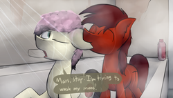 Size: 2974x1687 | Tagged: safe, artist:marsminer, oc, oc only, oc:keith, oc:mars miner, earth pony, pony, cute, dialogue, ear bite, male, shampoo, shower, smiling, stallion, water, wet