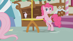 Size: 1366x768 | Tagged: safe, screencap, pinkie pie, earth pony, pony, g4, griffon the brush off, bipedal, bipedal leaning, female, leaning, looking up, mare, milkshake, solo