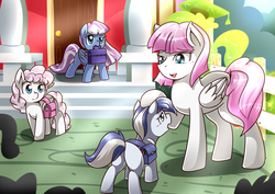 Size: 2120x1500 | Tagged: safe, artist:vavacung, oc, oc only, bag, colt, commission, female, filly, male, mouth hold, school