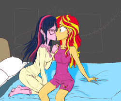 Size: 1200x1000 | Tagged: safe, artist:eduardo-rivera, artist:zorbitas, sci-twi, sunset shimmer, twilight sparkle, fanfic:fractured sunlight, equestria girls, g4, my little pony equestria girls: friendship games, clothes, colored, fanfic art, feet, female, kiss on the lips, kissing, lesbian, pajamas, ship:sci-twishimmer, ship:sunsetsparkle, shipping