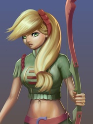 Size: 1200x1600 | Tagged: safe, artist:jay156, applejack, equestria girls, g4, my little pony equestria girls: friendship games, archery, belly button, bow (weapon), breasts, busty applejack, clothes, female, green eyes, humanized, midriff, signature, solo