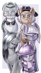 Size: 1800x3200 | Tagged: safe, artist:kaikoinu, cloudy quartz, igneous rock pie, limestone pie, marble pie, maud pie, g4, hearthbreakers, clothes, faic, grappler baki, hair over one eye, hat, looking at you, pie family, pie sisters, pixiv, ship:quartzrock, siblings, sisters, unamused, wrinkles