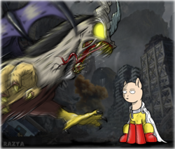 Size: 1038x886 | Tagged: safe, artist:razya, discord, draconequus, pony, g4, anime, clothes, crossover, glowing eyes, okay, one punch man, open mouth, ponified, saitama, sharp teeth, sitting, superhero, teeth, this will end in death, this will end in one punch, tongue out, unamused, unimpressed
