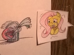 Size: 402x299 | Tagged: safe, artist:post-it, fluttershy, g4, colored sketch, crossover, piranha plant, scared, sketch, super mario bros., traditional art