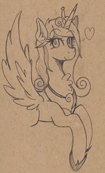 Size: 1161x1920 | Tagged: safe, artist:wirelesspony, princess cadance, alicorn, pony, g4, female, heart, looking at you, monochrome, prone, sketch, solo, spread wings, traditional art
