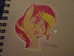 Size: 4608x3456 | Tagged: dead source, safe, artist:jessakitten, sunset shimmer, pony, unicorn, g4, ><, cute, eyes closed, female, silly, silly face, silly pony, solo, traditional art, xd