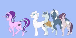 Size: 3115x1545 | Tagged: safe, artist:sketchyribbons, double diamond, night glider, party favor, starlight glimmer, sugar belle, earth pony, pegasus, pony, unicorn, g4, blue background, cloak, clothes, equal cutie mark, equal four, equalized, female, group, male, mare, quintet, simple background, stallion