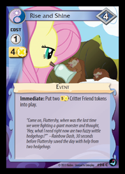 Size: 358x500 | Tagged: safe, enterplay, fluttershy, hedgehog, pegasus, pony, g4, high magic, my little pony collectible card game, winter wrap up, animal, bell, burrow, card, cave, ccg, female, lidded eyes, mare, mouth hold, smiling, snow, text, waking up