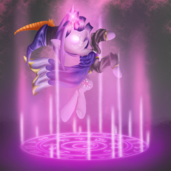 Size: 900x900 | Tagged: safe, artist:slamjam, twilight sparkle, equestria divided, g4, floating, glowing eyes, glowing horn, hat, horn, magic, magic circle