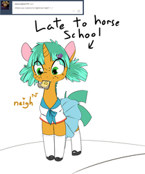 Size: 1111x1331 | Tagged: safe, artist:kryptchild, snails, snail, ask glitter shell, g4, alternate hairstyle, ask, clothes, crossdressing, cute, freckles, glitter shell, horse noises, mary janes, mouth hold, neigh, nom, school uniform, schoolgirl, schoolgirl toast, shoes, skirt, socks, solo, stockings, toast, transgender, tumblr