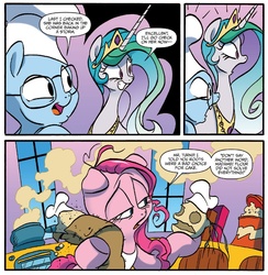 Size: 1328x1361 | Tagged: safe, artist:jay fosgitt, idw, chase palomino, madame leflour, mr. turnip, pinkie pie, princess celestia, friends forever #22, g4, my little pony: friends forever, spoiler:comic, cute, cutelestia, pinkamena diane pie