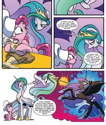 Size: 1332x1580 | Tagged: safe, artist:jay fosgitt, idw, nightmare moon, pinkie pie, princess celestia, friends forever #22, g4, my little pony: friends forever, spoiler:comic, chef's hat, eye contact, eyes closed, flour, frown, glare, hat, i've seen some shit, open mouth, sad, small head, spread wings, thought bubble, thousand yard stare, wide eyes