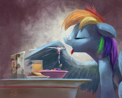 Size: 1200x971 | Tagged: safe, artist:tsitra360, rainbow dash, scootaloo, pegasus, pony, g4, airbrush, bowl, bread, breakfast, cereal, drink, eating, eyes closed, female, glass, mare, milk, morning ponies, open mouth, orange juice, plate, signature, sleeping, snot bubble, solo, toast, tongue out, wing hands, wing hold