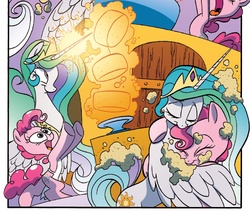 Size: 1372x1173 | Tagged: safe, artist:jay fosgitt, idw, pinkie pie, princess celestia, friends forever #22, g4, my little pony: friends forever, spoiler:comic, hug, winghug