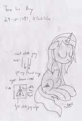 Size: 1357x1991 | Tagged: safe, artist:parclytaxel, bee, pony, unicorn, cutie mark, eyes closed, monochrome, ponified, reference sheet, sketch, solo, tove lo, traditional art