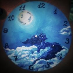Size: 2058x2048 | Tagged: safe, artist:stirren, princess luna, g4, acrylic painting, clock, cloud, female, handmade, high res, moon, night, paints, solo, traditional art